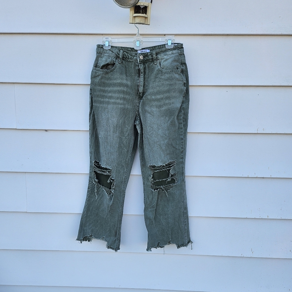 Zenana Outfitters Olive Distressed Flare Jeans